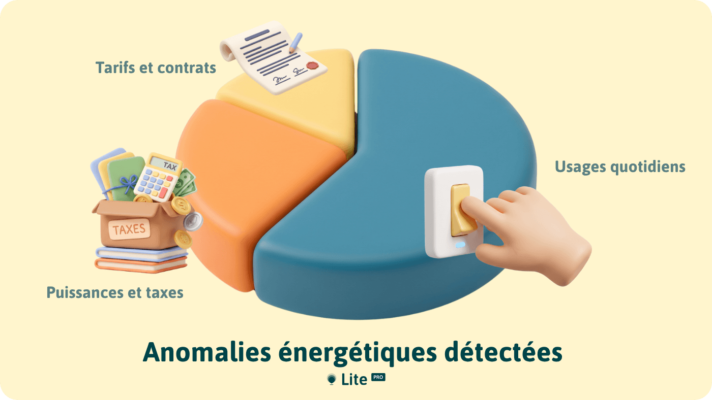 Répartition des anomalies énergétiques détectées sur un parc multi-sites : usages quotidiens, puissances souscrites et taxes, tarifs et contrats